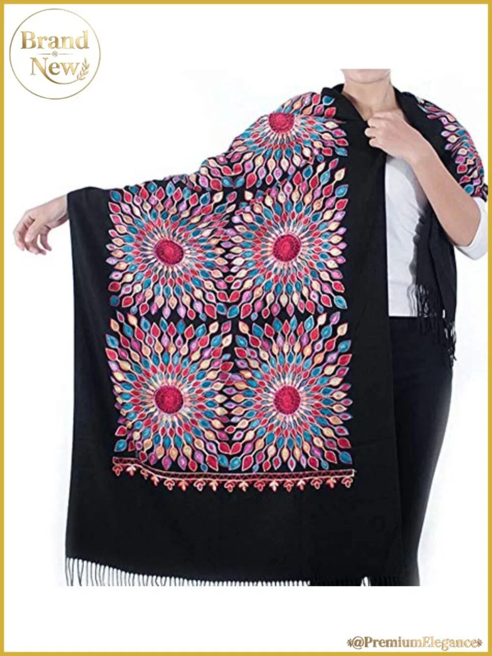 Embroidered Floral Scarf with Tassel Fringe Lightweight Wrap